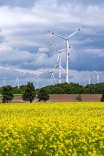 Wind farm east of Geilenkirchen, dark storm clouds, strong wind, rape field, North