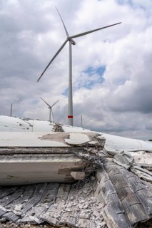 Demolished tower of a 20 year old wind turbine, in the Werl wind farm, 5 old Enercon E-66 turbines