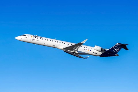 A Lufthansa Bombardier CRJ-900 aircraft with the registration D-ACNW at the airport in Munich,