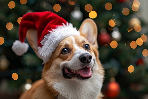 Cute Corgi dog with red santa hat in front of christmas tree. Generative Ai, AI generated