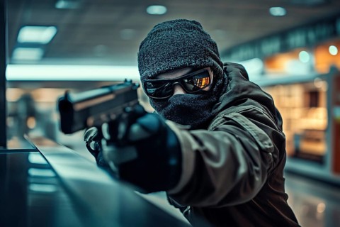 Robber with ski mask, sunglasses threatiening with gun. Generative Ai, AI generated