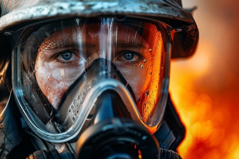 Face of male firefighter with helmet with fire in blurry background. Generative Ai, AI generated