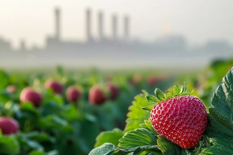 Agricultural field with growing strawberry fruits and factory with grey fumes in blurry background.