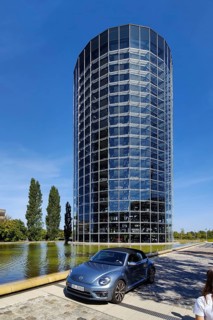 A VW car with car tower for the delivery of new cars on the grounds of the Autostadt, Volkswagen