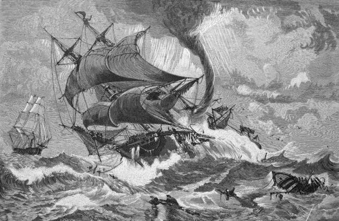 A ship in the South Atlantic Ocean, caught by a tornado, Tornado, Historical, digitally restored