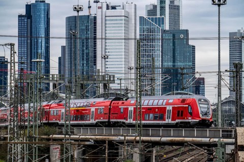 Regional train on the track in front of Frankfurt am Main main station, Skyline, Hesse, Germany,