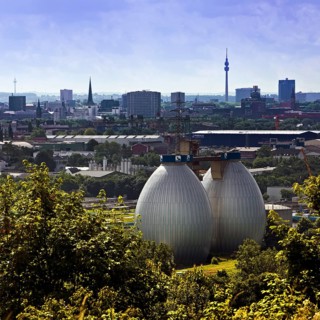 City panorama from Deusenberg with digesters and Florianturm, Dortmund, Ruhr area, North