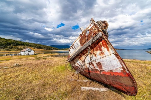Shipwreck in the maritime museum in the Estancia Harberton estate of missionary Thomas Bridges,