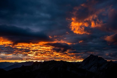 Montafon mountains with dramatic cloudy sky at sunrise, Tschagguns, Rätikon, Montafon, Vorarlberg,