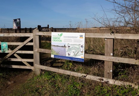 Information sign Sizewell C Consortium habitat creation project, Aldhurst Farm, Leiston, Suffolk,