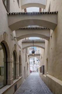 Narrow alley with historic architecture and a lantern, covered by traditional elements,