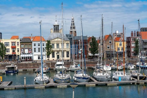Marina and skyline of Vlissingen, at the mouth of the Westerschelde, in Zeeland, Netherlands