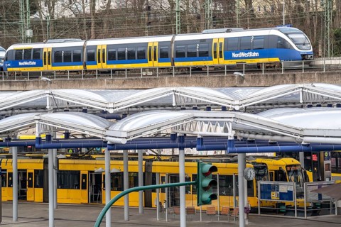 Ruhrbahn trams, at Essen-Steele S-Bahn station, interface between rail transport, Nordwestbahn and