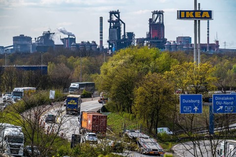 Duisburg-Nord motorway junction, A42 and A59 motorways, heavy traffic, blast furnaces of