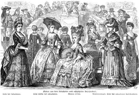 Fashions from the 17th and 18th century, ladies, dresses, hat, umbrella, society, social upper