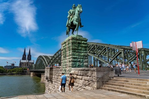 Cologne Cathedral, Hohenzollern Bridge railway bridge, equestrian statue of Kaiser Wilhelm I. Rhine