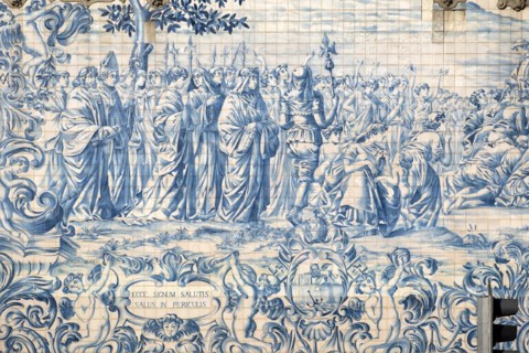 A detailed view of the exquisite blue and white azulejos tiles adorning the walls of Igreja do