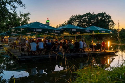 Grugapark, beer garden water garden, at the main entrance, Grugaturm, Essen, Germany, Europe
