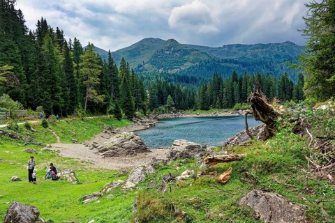 Obernberger See, mountain lake, landscape of the Stubai Alps, weather mood, cloud mood, Obernberg