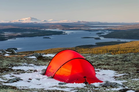 Tent in mountain landscape, Sarek National Park, World Heritage Laponia, Norrbotten, Lapland,