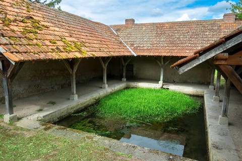 Washhouse in Montaigu-le-Blin village features a grassy basin, Allier. Auvergne-Rhone-Alpes,