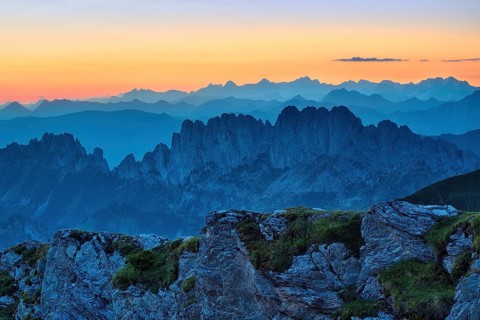Fribourg Prealps with Gastlosen mountain range at dawn, Bernese Alps behind, cantons of Fribourg