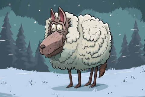 Illustration, funny caricature of a wolf in sheep's clothing, example of a figure of speech,