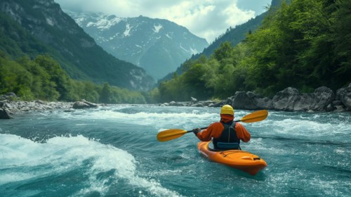Kayaker paddling the rapids of A beautiful mountain river. generative AI, AI generated