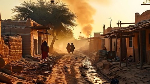 Village with traditional mud houses nestled in the thar desert, AI generated