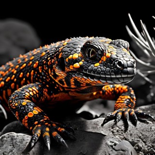 Gila monster with characteristic black and orange patterns camouflaged amongst sonoran desert