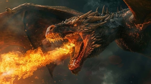 Flying dragon is spewing fire from its mouth, AI generated