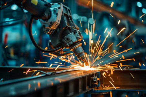 Close up of automated industrial laser cutting material with sparks. KI generiert, generiert, AI