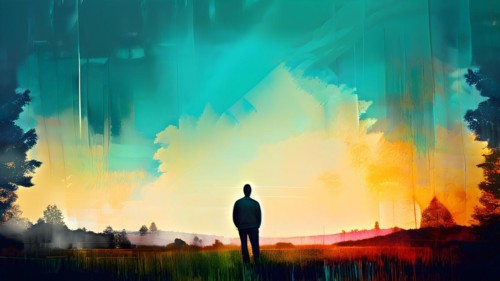 AI generated painting of a surreal landscape with a lonely human with digital brush strokes