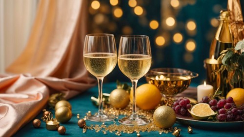 A table is covered with a variety of fruits, including oranges and lemons, and a bottle of