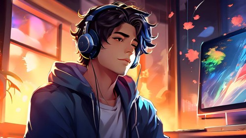 Anime style portrait of a boy with large headphones engulfing his ears, AI generated