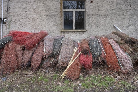 Discarded pasture fences on a shepherd's shed, Mecklenburg-Western Pomerania, Germany, Europe