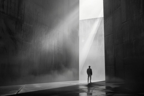 Silhouette of a man standing in a dreary hall, sunlight shining down through a gap, symbolising