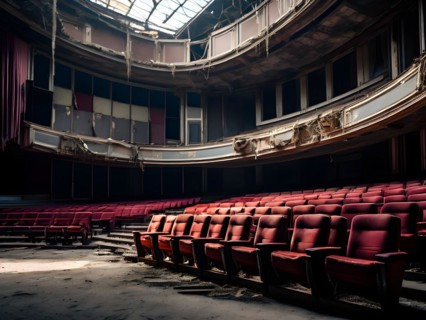 Abandoned theater with tattered seats and an empty stage, AI generated