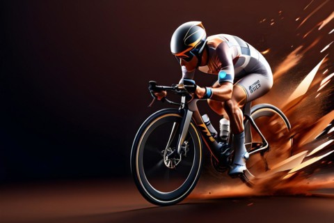 Abstract digital render of an olympic triathlete on the bike morphing into fluid shapes, AI
