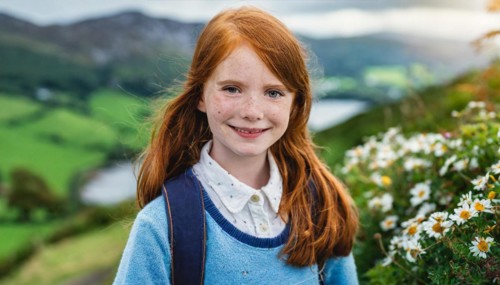 Red-haired girl with freckles smiles gently in a peaceful rural setting, Ireland, ki generated, AI