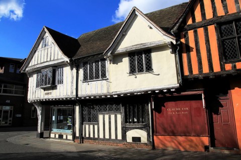 Historic half-timbered Tudor buildings in town centre, Ipswich, England, UK
