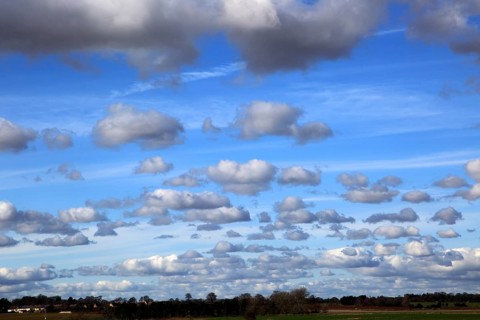 Cumulus clouds in blue sky over Bawdsey and Alderton, Suffolk, England, UK