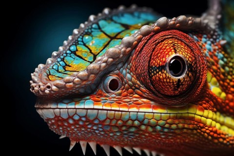 Vibrant close-up image capturing the intricate details and vibrant colors of a chameleon against a