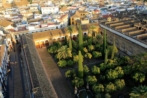 Raised angle view of Great Mosque courtyard gardens, Mezquita cathedral, Cordoba, Spain, Europe