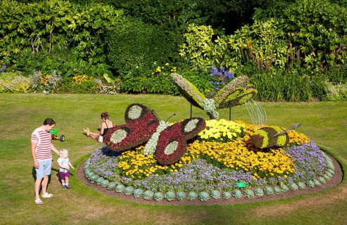 Floral display of butterflies in Parade Gardens public park in city centre of Bath, Somerset,