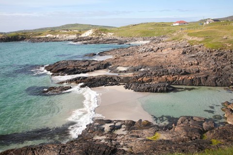 Atlantic coastline rocky headlands and small sandy bays near Borgh, Barra, Outer Hebrides,