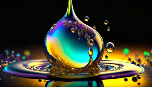 Colourful iridescent plastic drops and bubbles filled with oily liquids, 3D, digital art, AI