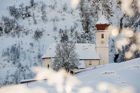 Snow-covered church, Sankt Nikolaus, Damüls, Bregenzerwald, Vorarlberg, Austria, Europe