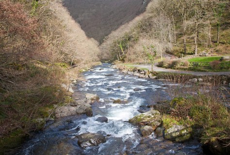 Looking downstream East Lyn River valley at Watersmeet, near Lynmouth, Exmoor national park, Devon,