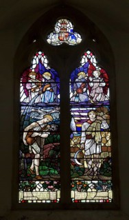 Village parish church of All Saints, Maiden Bradley, Somerset, England, UK stained glass memorial